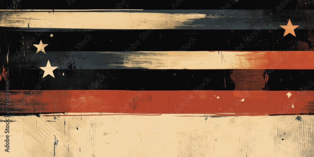 Poster bold and abstract flag design combines red, black, and white stripes with distinct stars, creating a