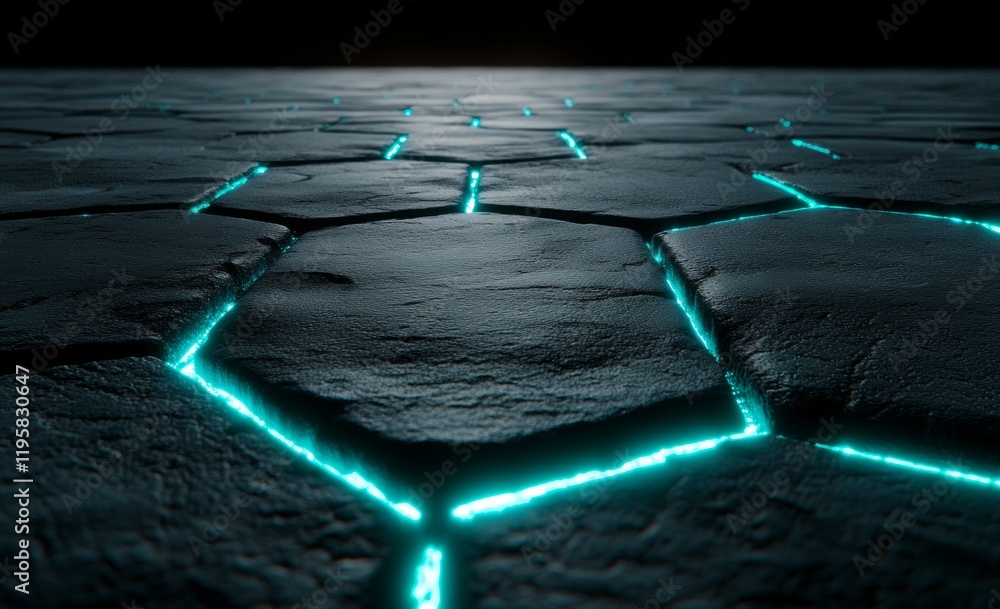 Poster in a futuristic 3d scene, hexagons dominate the view, surrounding a computer with its edges in a fie