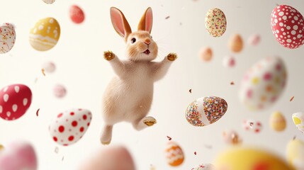 "A brown rabbit is jumping in the air surrounded by colorful, decorated Easter eggs. The background is white, making the vibrant colors of the eggs stand out. The image is festive and playful.