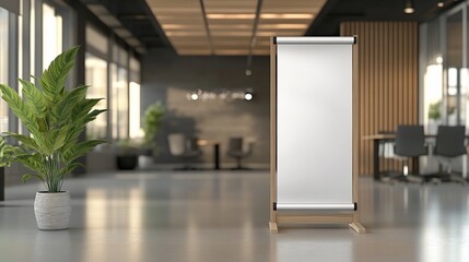 Modern office mockup with blank roll-up banner