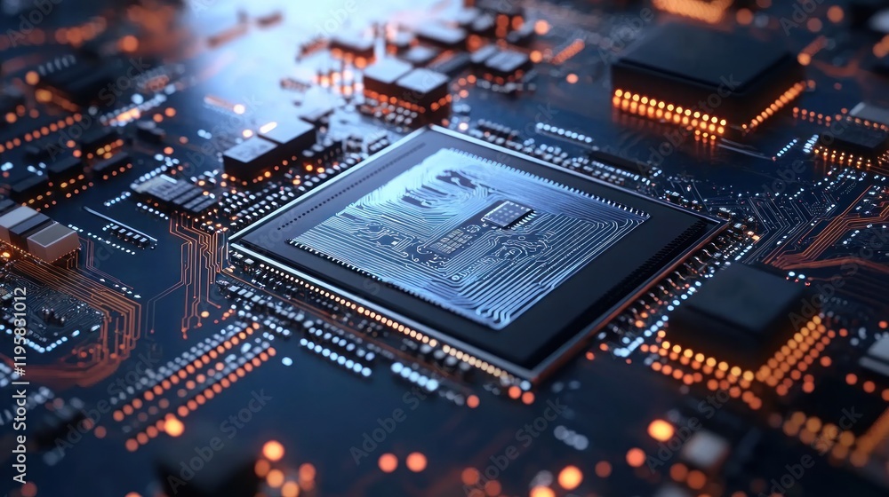 Poster closeup view of a modern computer microchip