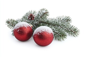 Obraz premium Christmas tree branch with red balls on snowy background.
