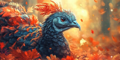 Obraz premium Vibrant and Majestic Bird with Lush Feathers Amidst Autumn Leaves and Warm Sunlight in a Mystical Forest Setting