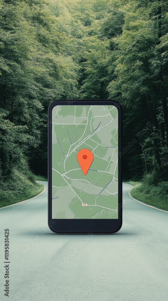 Poster mobile phone displaying map application with location pin on countryside road through lush green for