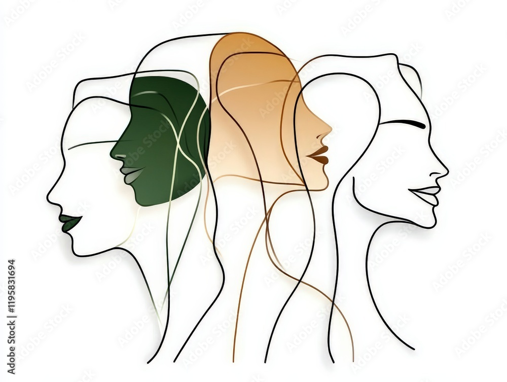 Poster modern abstract line art of overlapping profiles with a neutral palette and earthy gradients represe