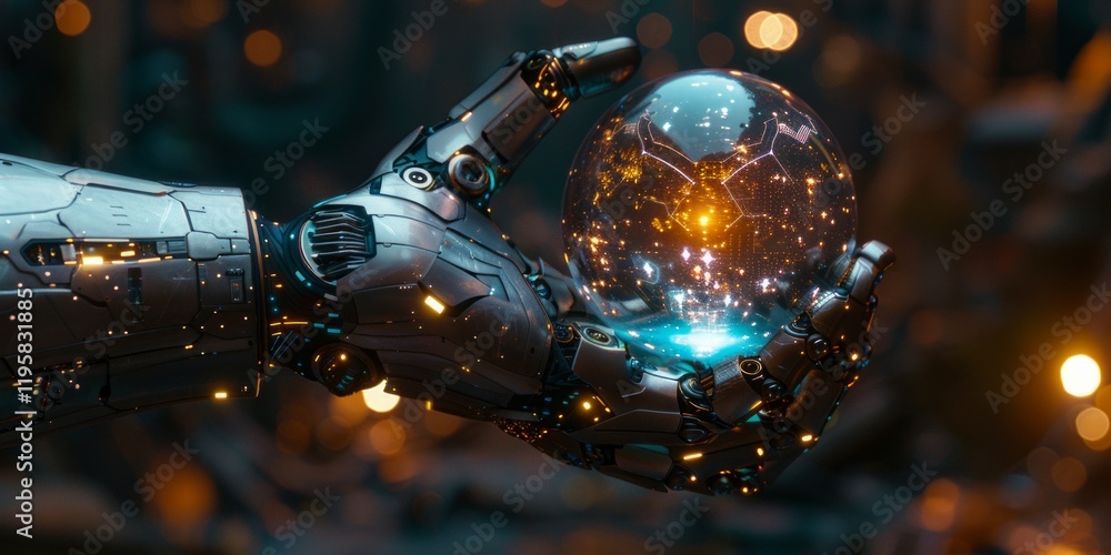 Aufkleber futuristic robotic hand holding a glowing glass sphere with holographic data and digital network pat