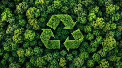 Aerial view of a vibrant green recycling symbol formed by lush vegetation within a dense forest canopy, representing environmental sustainability and eco conscious waste management practices
