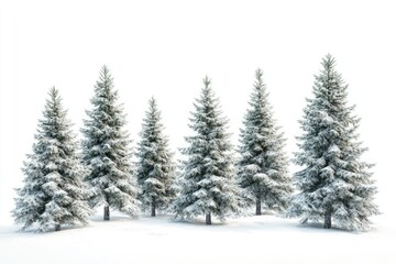 Obraz premium Group of frosty spruce trees in snow isolated on white
