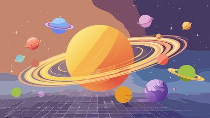Colorful digital illustration of planets and rings floating in outer space with vibrant cosmic background