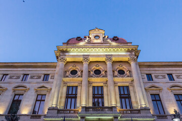 Romania, Bucharest. Coltea Hospital. Byzantine architecture. Clock tower.