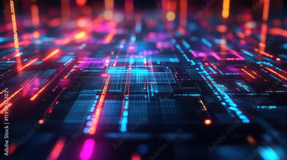 Poster abstract digital data streams flowing across neon grid
