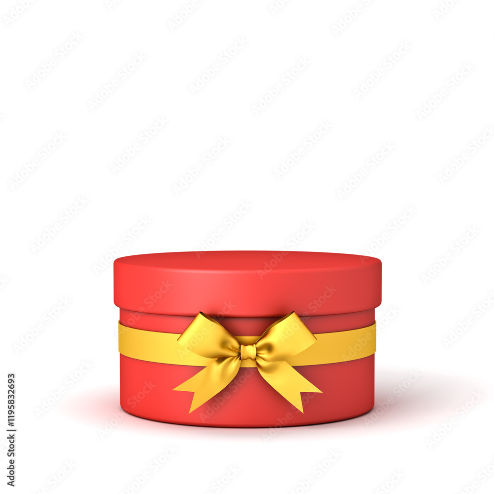 Aufkleber Red round present box with gold ribbon bow or cylinder gift box products display mockup podium isolated on white background with shadow creative idea concepts 3D rendering
