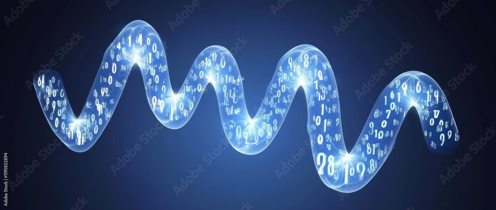 Fototapete Binary code data in terabyte quantities moving through a stream of information. A rippling expanse of coded blockchains. Neural network depicted in 3D with points and numbers