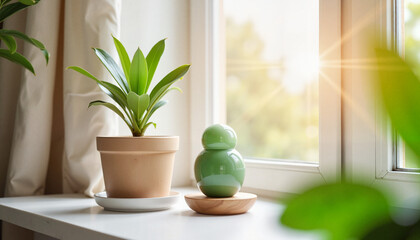 Fototapeta premium Jade plant and decor on sunny windowsill, home interior aesthetics