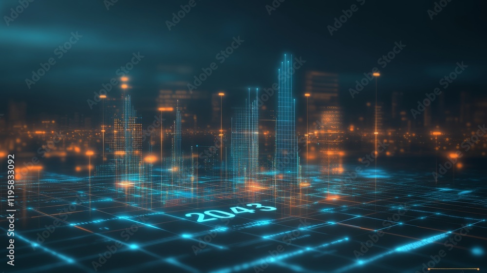 Poster a 3d illustration showcasing data lines, wireless data loops, and cyber stripes. it features a big d