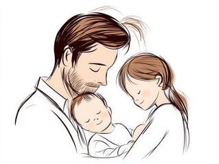 Obraz premium Father holding a sleeping child with soft hand drawn lines and subtle shading evoking tenderness protection and deep parental love in an intimate illustration style