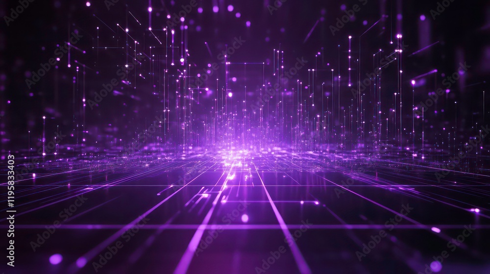 Poster abstract purple digital cityscape with glowing lines and particles.