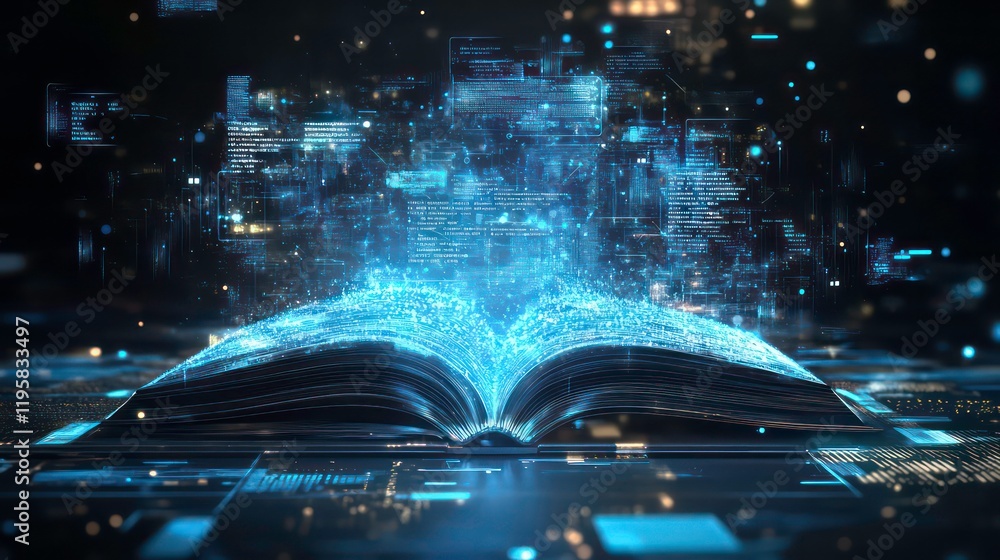Aufkleber Glowing digital data emerges from an open book, symbolizing knowledge and technology.