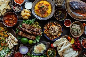 Overhead view of a variety of middle eastern or north african dishes served on a dark wooden table, creating a vibrant and appetizing culinary scene