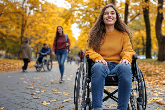 Wheelchair user smiling in outdoor park while walking