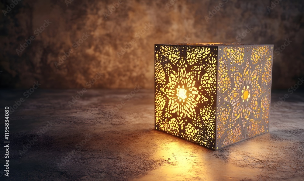 Poster illuminated cube lantern with ornate design on textured surface.