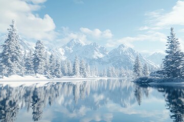 Obraz premium View of lake trees and mountains in snowy