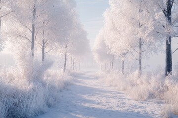 Fototapeta premium white wood covered with frost frosty landscape