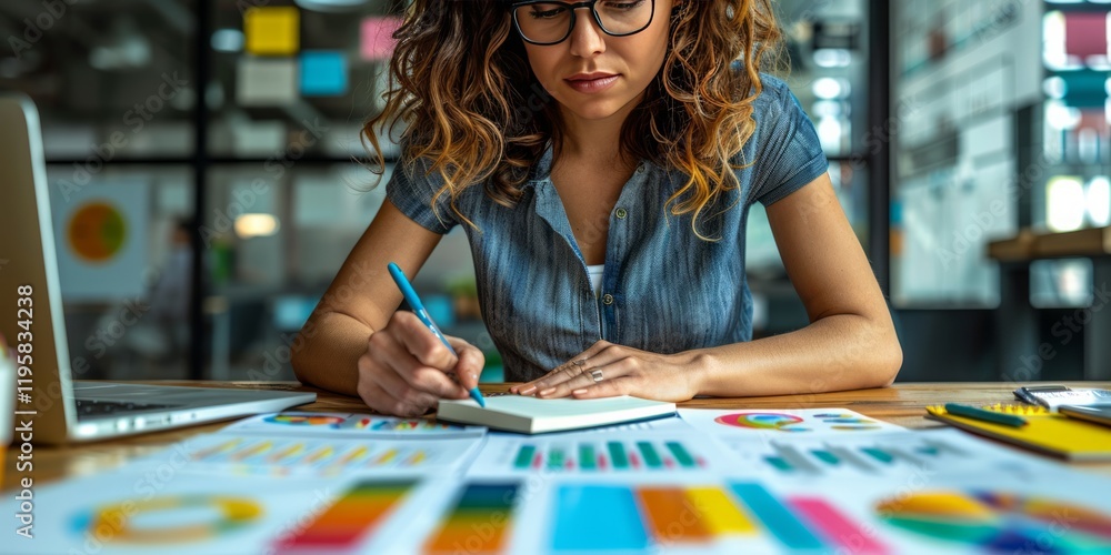 Poster focused woman analyzing colorful charts and graphs while taking notes at a desk in a modern office e