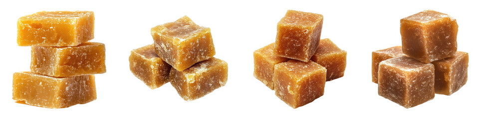 Jaggery block – Unrefined sugar, commonly used in the preparation of sweets like Pongal. Isolated on Clear White Background Highly Detailed