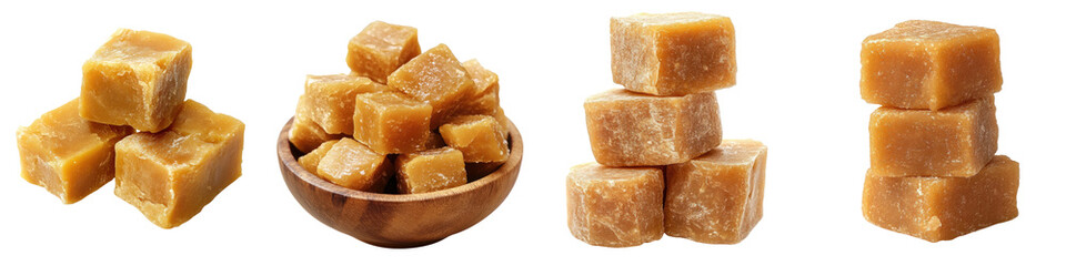 Jaggery – A sweetener made from sugarcane juice, commonly consumed during Lohri as a treat. Isolated on Clear White Background Highly Detailed