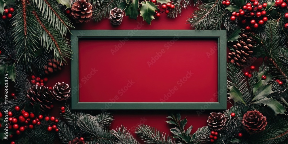 Aufkleber green frame with a red background and a bunch of berries and pine cones. the frame is empty