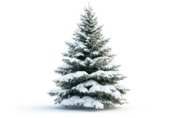 Snow covered Christmas tree isolated on white background.
