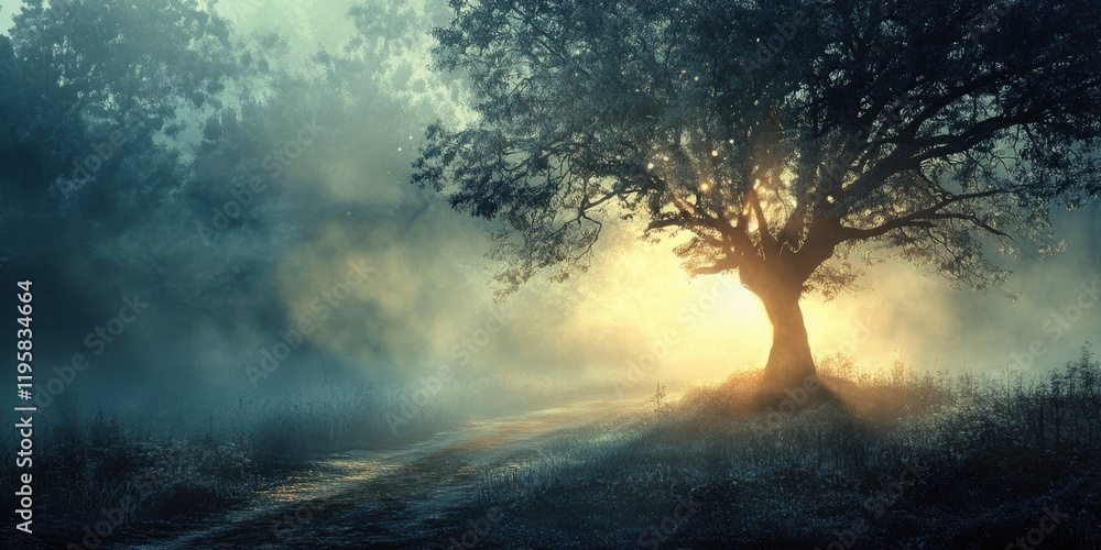 Poster a winding path through a foggy forest leads to a large tree bathed in soft golden light during dawn,