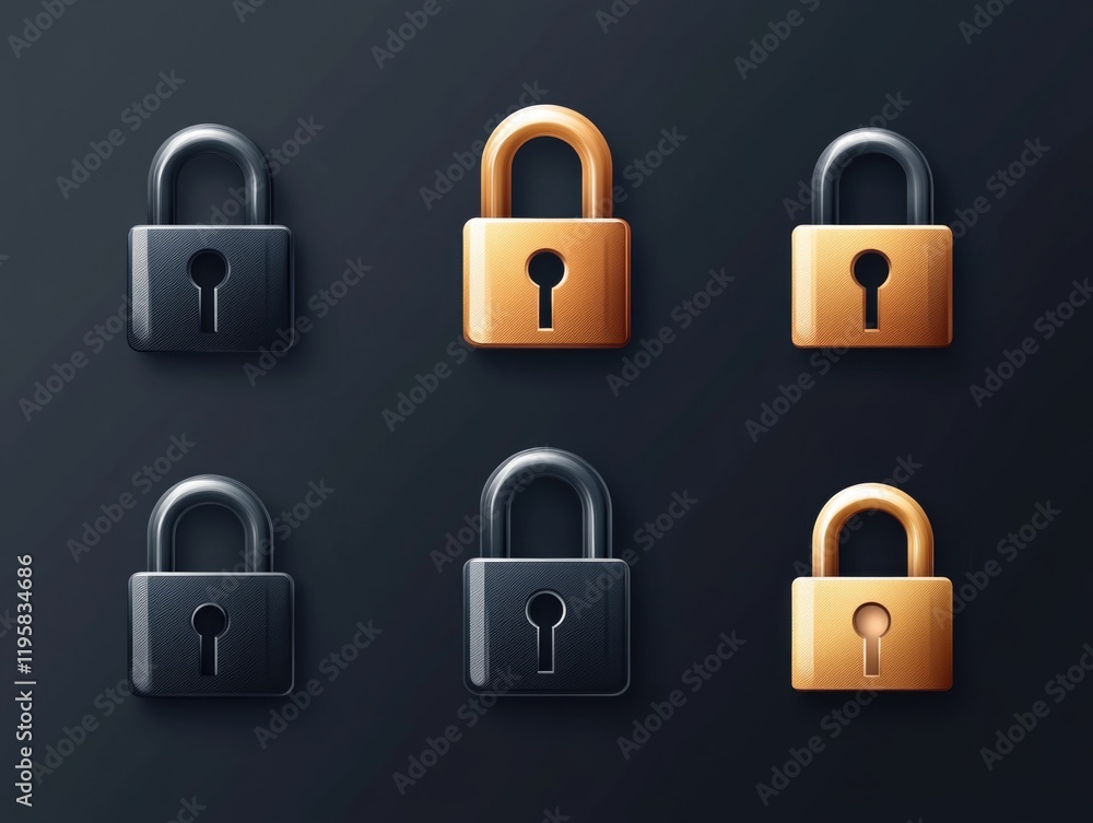 Poster collection of padlock icons in various colors representing security, privacy and protection concepts
