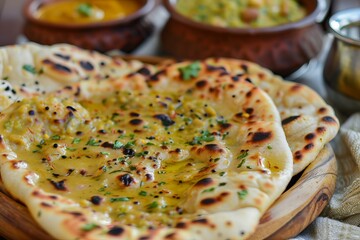 Close up of naan bread seasoned with herbs and spices, showcasing indian cuisine