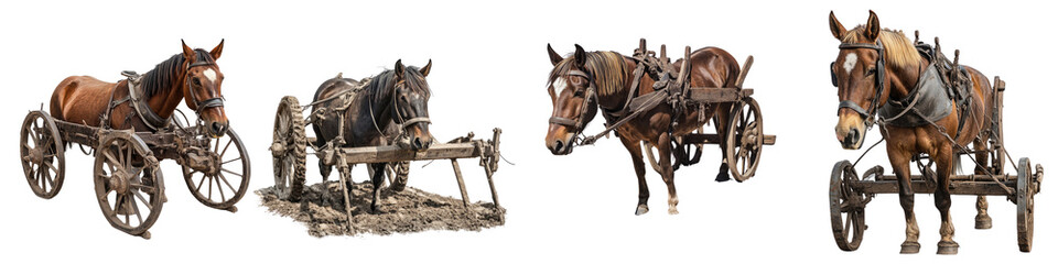 Horse-drawn plough &ndash; A plough pulled by horses, used before the widespread use of tractors. Isolated on Clear White Background Highly Detailed 