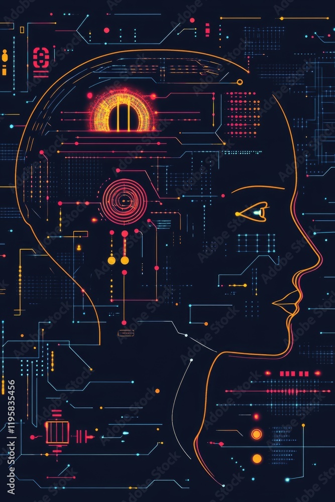 Aufkleber a digital illustration showing a human brain with intricate circuitry and data lines, symbolizing th