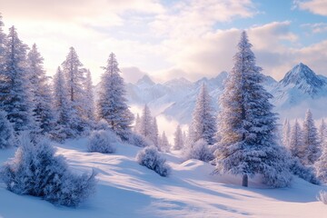 Winter  Winter rime and snow covered fir Christmas trees on mountainside