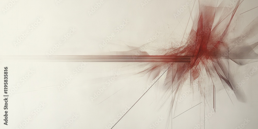 Poster vivid abstract design showcases bold red lines intersecting and radiating against a soft, neutral ba