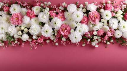 Floral arrangement with pink and white flowers on a pink background