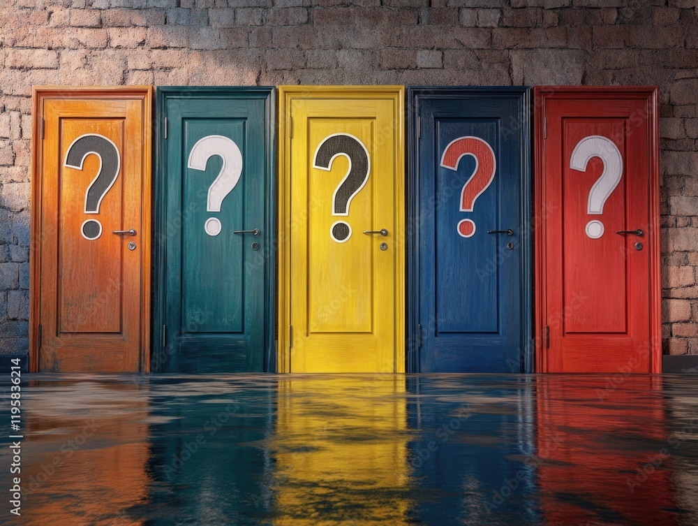 Poster row of doors with a question mark on each one. the doors are of different colors and sizes