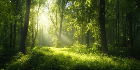 Obraz premium Morning light pierces through the lush canopy, creating a magical atmosphere as the forest floor glows with vibrant green hues