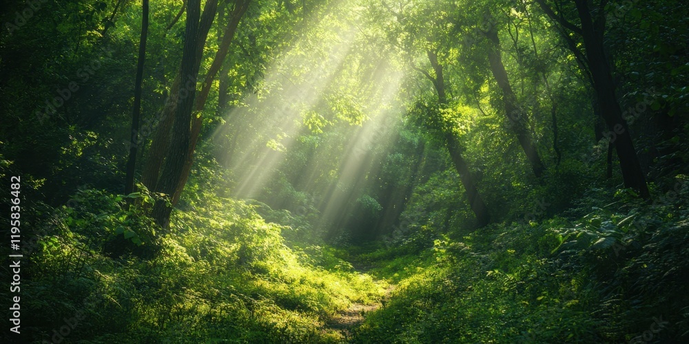Poster sunlight filters through the dense canopy of trees in a lush forest, illuminating the vibrant greene