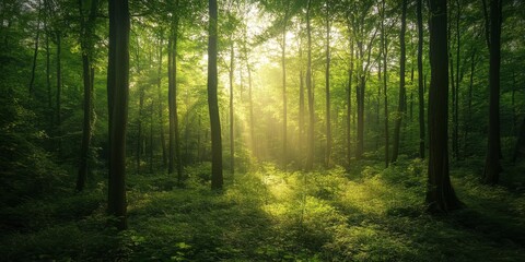 Fototapeta premium A tranquil forest showcases vibrant green foliage as sunlight streams through the trees at golden hour, creating a peaceful and calming atmosphere