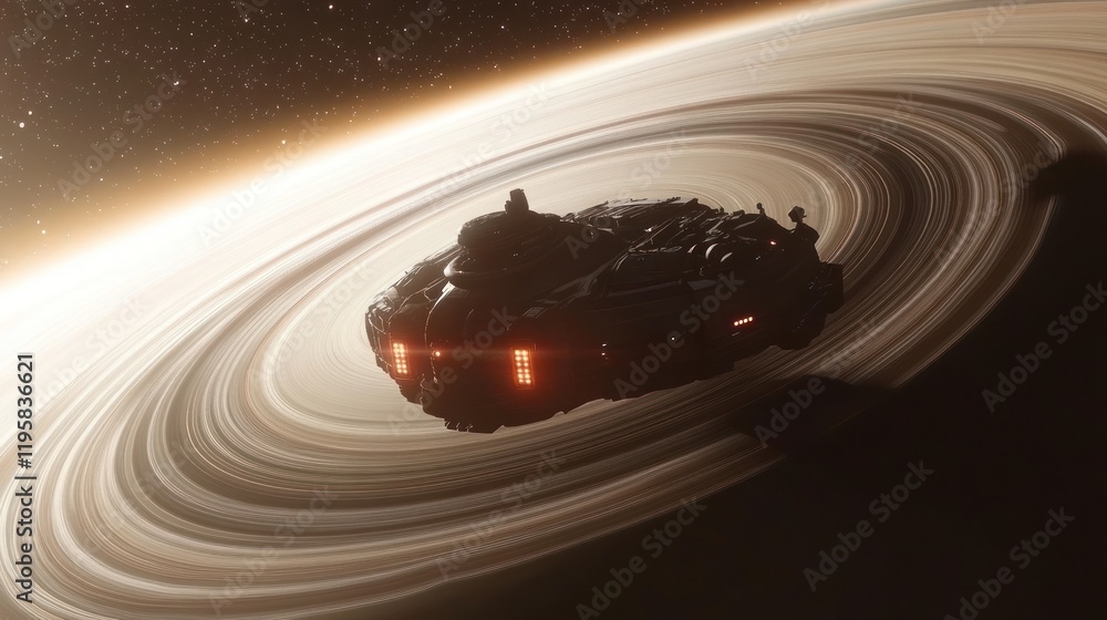 Poster spaceship navigating planetary ring system in space