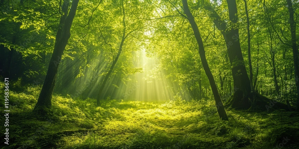 Poster sunlight streams through the vibrant green leaves of a dense forest, illuminating the ground and cre