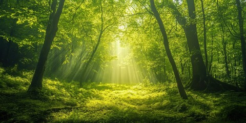 Obraz premium Sunlight streams through the vibrant green leaves of a dense forest, illuminating the ground and creating a tranquil atmosphere in the early afternoon