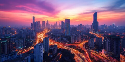 Fototapeta premium The skyline glows at dusk with skyscrapers reflecting vivid sunset colors while busy highways shimmer with the light of moving vehicles