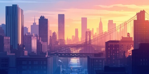 A vibrant sunset casts warm colors over a bustling urban landscape, highlighting a famous bridge connecting towering skyscrapers against a glorious sky