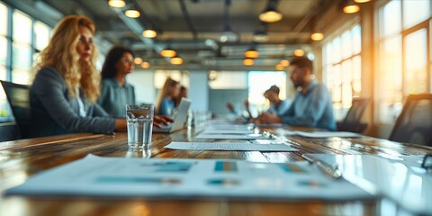 Business meeting in a modern office with diverse professionals working on laptops and documents